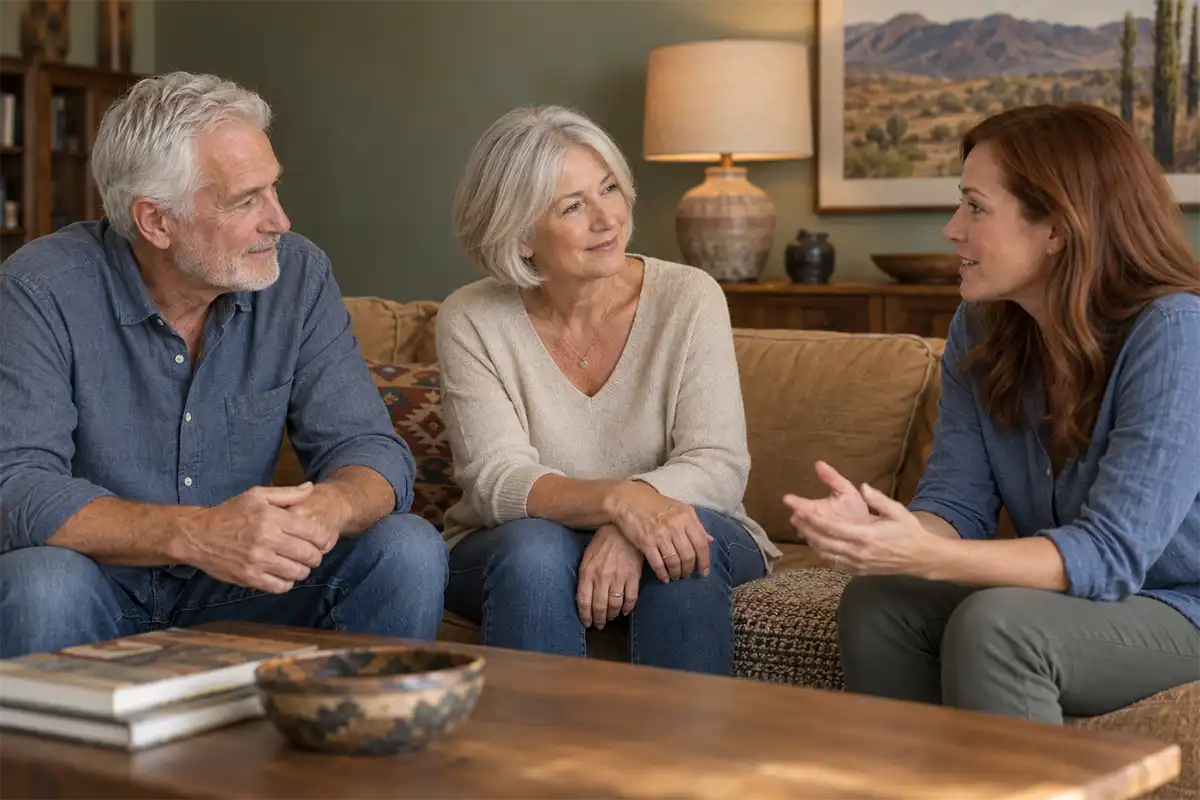 Older couple talking with an adult woman while seated together in a living room