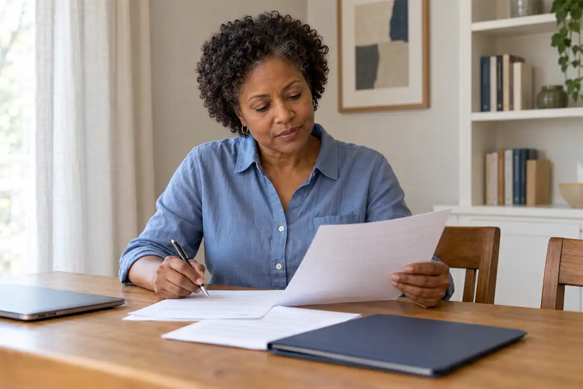 Woman reviewing documents and taking notes at a dining table